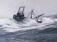 Image of fishing boat in rough seas